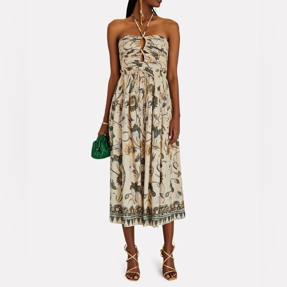 NEW ⚡️ ULLA JOHNSON Ella Cut-Out Floral Poplin Halter Dress in Lemon Balm